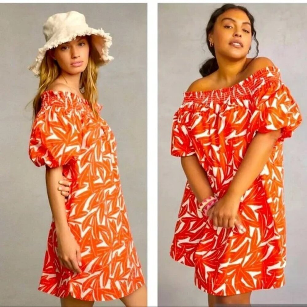 Whit Two Anthro Women"s Dress Small Red Banana Leaf Off Shoulder Smocked Poplin